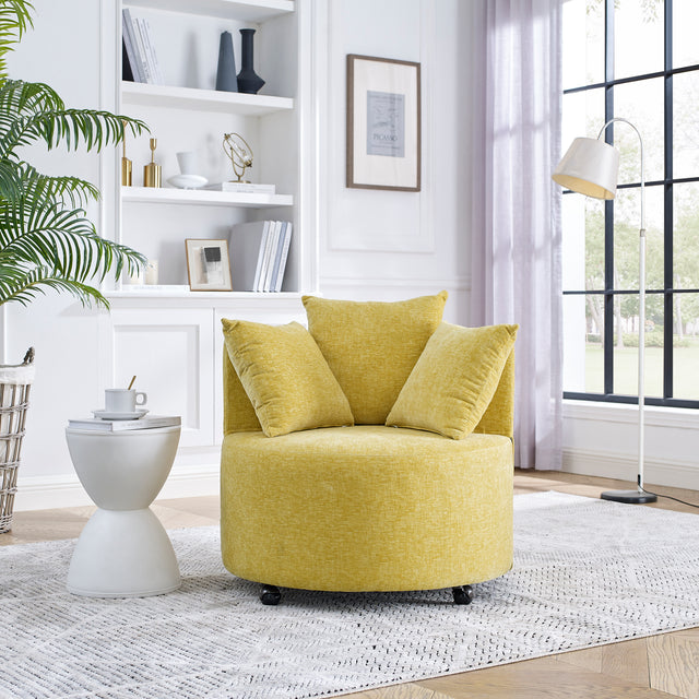 Modern Chenille Upholstered Swivel Backrest Chair for Living Room, with Movable Wheels, Including 3 Pillows, Yellow