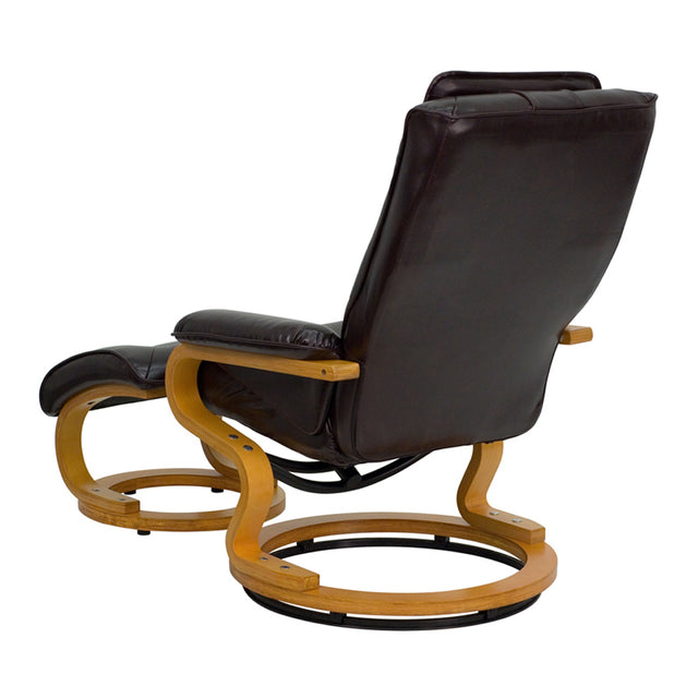 Contemporary Brown Leather Recliner and Ottoman with Swiveling Maple Wood Base