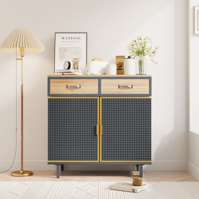 31.5'' Wide 2 Drawer Sideboard, Modern Furniture Decor，Made with Iron + Carbonized Bamboo，Easy Assembly