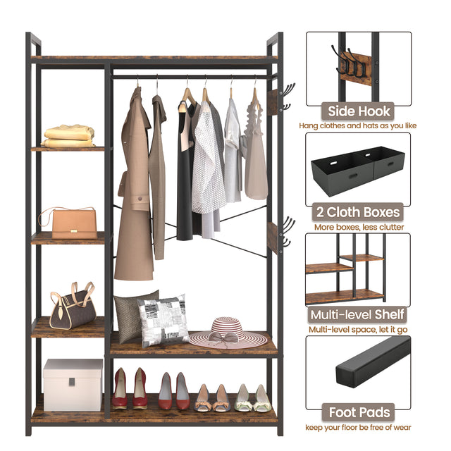 JHX Organized Garment Rack with Storage, Free-Standing Closet System with Open Shelves and Hanging Rod(Rustic Brown,45.3’’w x 15.75’’d x 70.08’’h).