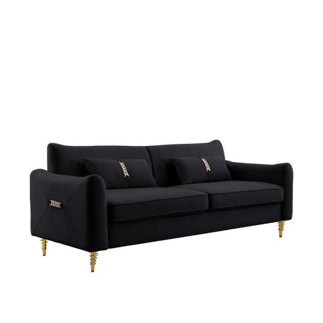 80.3" Modern Sofa Couch Upholstered Sofa Tufted Back Comfy Velvet Long Couch with 2 Pillows and Golden Legs for Living Room, Bedroom, Office, Apartment, Black