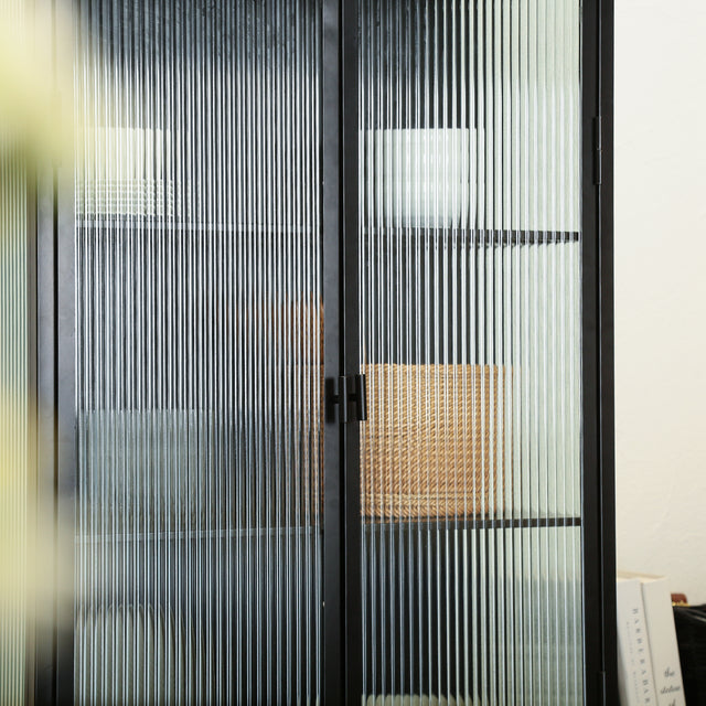 Retro Style Fluted Glass High Cabinet Storage Dual Doors Three Detachable Wide Shelves Enclosed Dust-free Storage for Living Room Bathroom Dining Room Kitchen Room Entryway,BLACK (OLD SKU:W68734128)