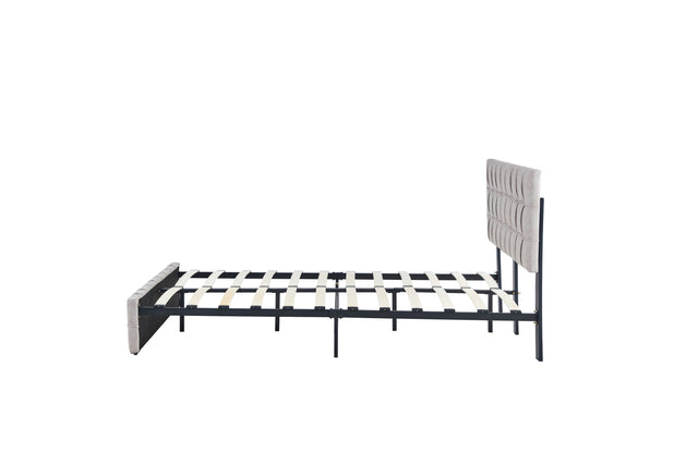 King Size Bed Frame Modern Upholstered Platform Bed Frame Lights and Height Adjustable Headboard, Square Stitched Button Tech cloth, No Box Spring Needed/Easy Assembly/Pack in 1-Box/Noise-Free (Beige)