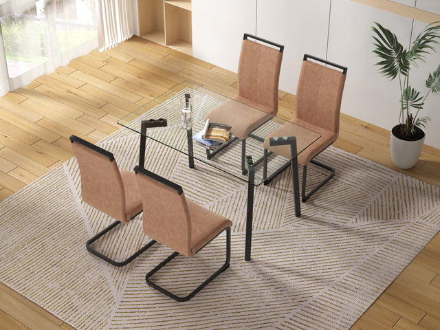 Glass Dining Table and Brown Dining Chair 4-Piece Set  Rectangular 0.31" Tempered Glass Tabletop and Black Coating Metal Dining Table size 47" W x 31"D x 30" H