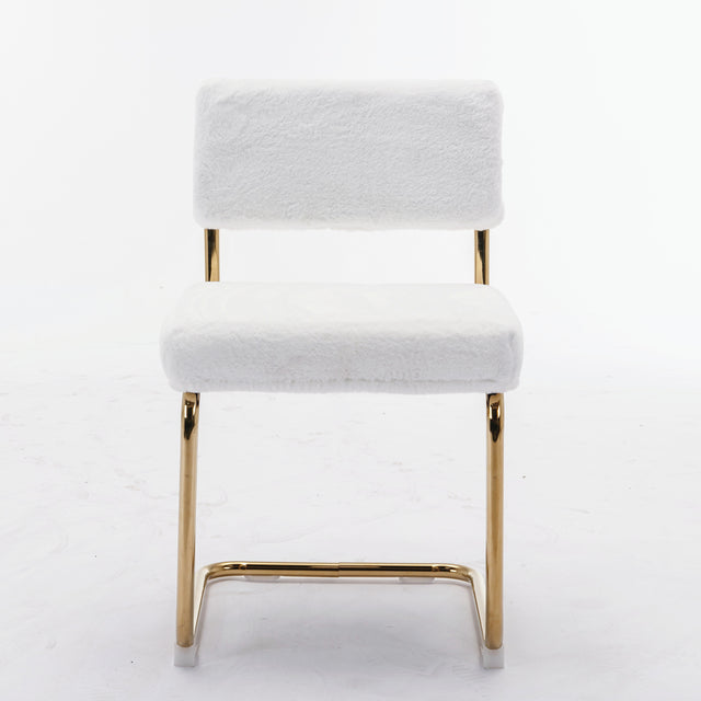 A&A Furniture,Modern Dining Chairs with Artificial Rabbit Hair,Gold Metal Base, Accent Armless Kitchen Chairs with Channel Tufting, Upholstered Fake Fur Fabric Side Chairs, Set of 2, White