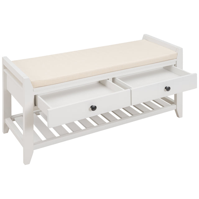 TREXM  Shoe Rack with Cushioned Seat and Drawers, Multipurpose Entryway Storage Bench (White)