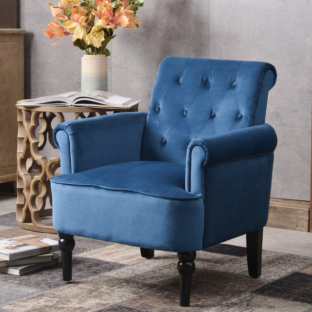 Elegant Button Tufted Club Chair Accent Armchairs Roll Arm Living Room Cushion with Wooden Legs, Navy Blue