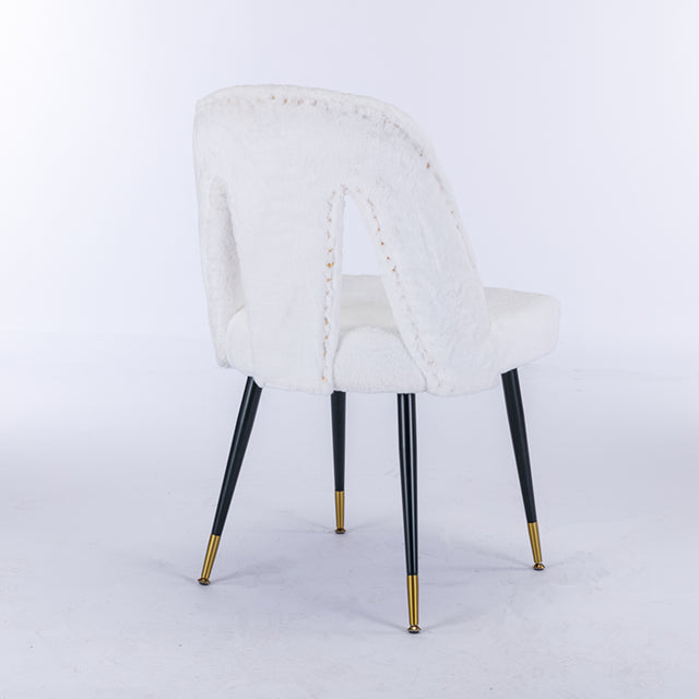 A&A Furniture,Akoya Collection Modern | Contemporary Rabbit Fur Fibre Upholstered Dining Chair with Nailheads and Gold Tipped Black Metal Legs, Cream White，Set of 2