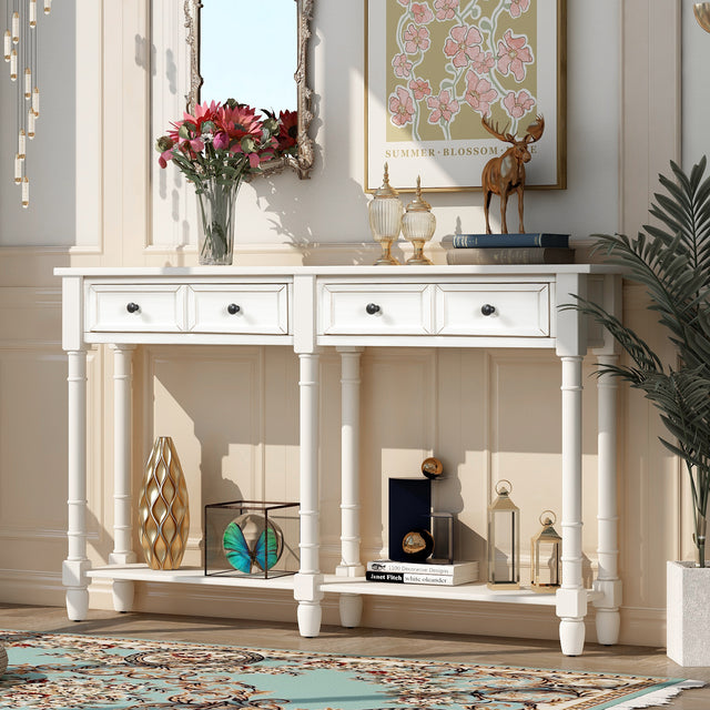 TREXM Console Table Sofa Table Easy Assembly with Two Storage Drawers and Bottom Shelf for Living Room, Entryway (Ivory White)