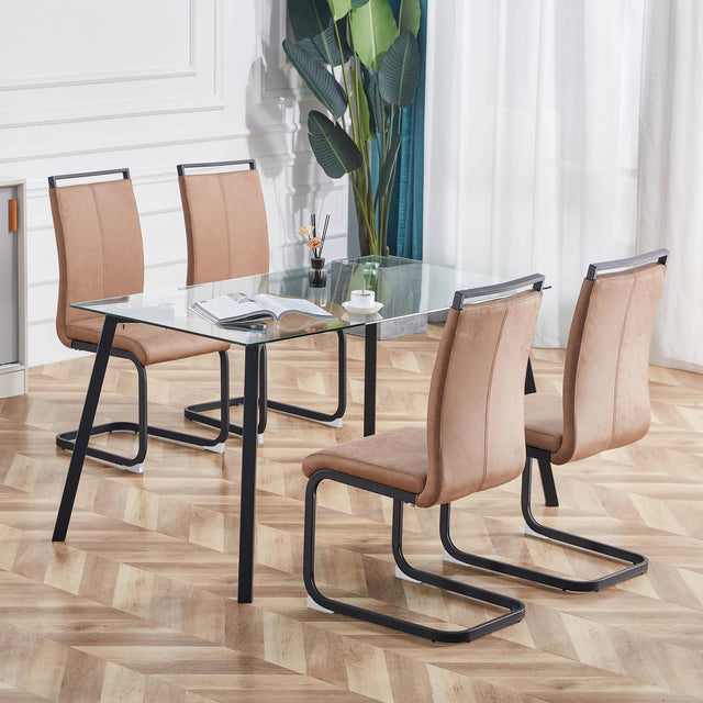 Glass Dining Table and Brown Dining Chair 4-Piece Set  Rectangular 0.31" Tempered Glass Tabletop and Black Coating Metal Dining Table size 47" W x 31"D x 30" H