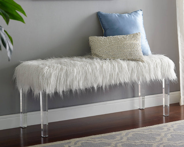 1-Pc Casual White Bench Faux Fur Seat Glam Accent