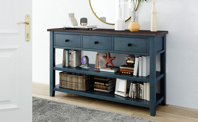 TREXM Retro Design Console Table with Two Open Shelves, Pine Solid Wood Frame and Legs for Living Room (Navy)