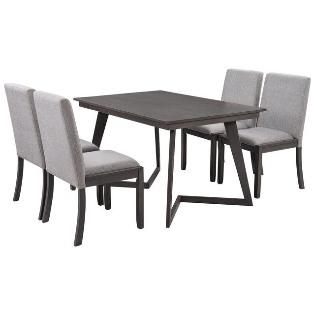 TOPMAX 5-Piece Dining Set, Wood Rectangular Table with 4 Linen Fabric Chairs, Gray