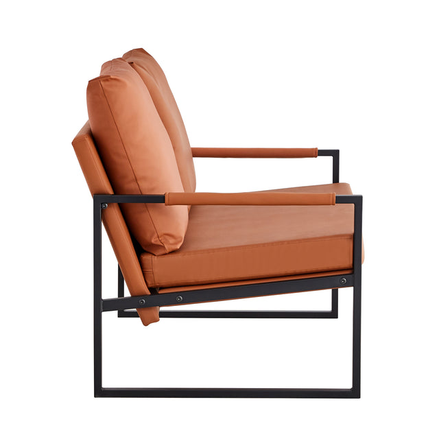 Modern Two-Seater Sofa Chair with 2 Pillows - PU Leather, High-Density Foam, Black Coated Metal Frame.Brown