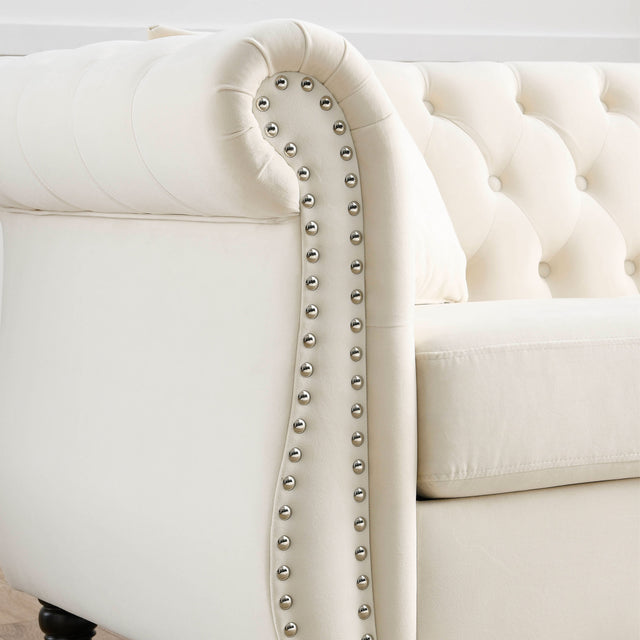 [Video] 80" Chesterfield Sofa Beige Velvet for Living Room, 3 Seater Sofa Tufted Couch with Rolled Arms and Nailhead for Living Room, Bedroom, Office, Apartment, two pillows