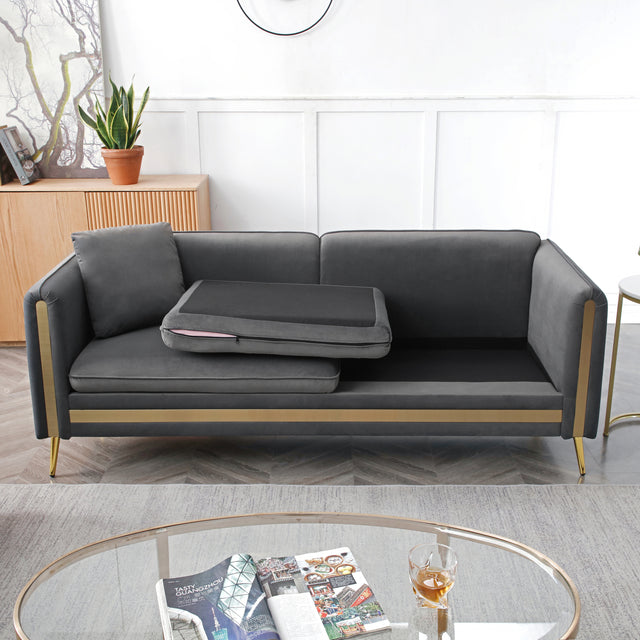 59” Modern Upholstered Velvet Loveseat Sofa 2 Seater Couch with Removable Cushions Side Pocket Mid-Century Tufted Living Room Set Gold Metal Legs,2 Pillows Included,Grey