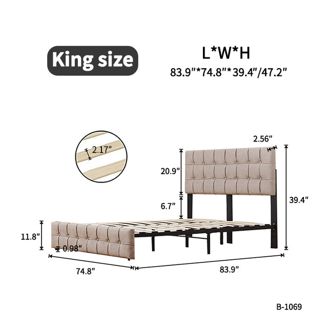 King Size Bed Frame Modern Upholstered Platform Bed Frame Lights and Height Adjustable Headboard, Square Stitched Button Tech cloth, No Box Spring Needed/Easy Assembly/Pack in 1-Box/Noise-Free (Beige)