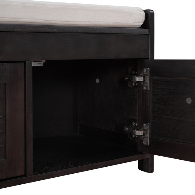 TREXM  Storage Bench with 3 Shutter-shaped Doors,  Shoe Bench with Removable Cushion and Hidden Storage Space (Espresso)
