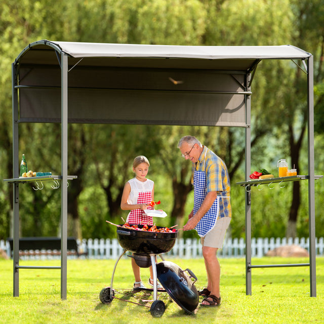 TOPMAX Outdoor 7Ft.Wx4.5Ft.L Iron Double Tiered Backyard Patio BBQ Grill Gazebo with Side Awning, Bar Counters and Hooks, Gray