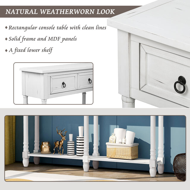 TREXM Console Table Sofa Table with Drawers and Long Shelf Rectangular Living Room Table Solid Wood (Antique White)