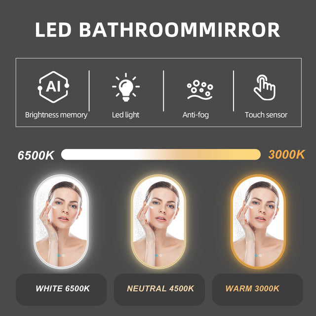 32X20 Inch Bathroom Mirror with Lights, Anti Fog Dimmable LED Mirror for Wall Touch Control, Frameless Oval Smart Vanity Mirror Vertical Hanging