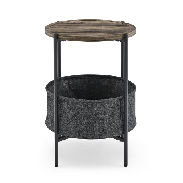 Modern Accent End Table with Storage Basket，Grey Cloth Bag and Brown Top （18“x18”x24“）