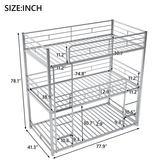 Metal Twin Size Triple Bunk Bed, Silver