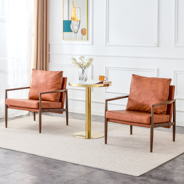 Sofa Chair Set of 2.PU Leather Accent Arm Chair Mid Century Modern Upholstered Armchair with Imitation solid wood Walnut color Metal Frame Extra-Thick Padded Backrest and Seat Cushion Sofa Chairs