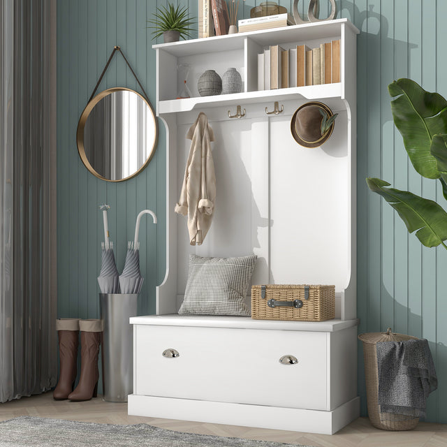 ON-TREND Hall Tree with 4 Hooks, Coat Hanger, Entryway Bench, Storage Bench, 3-in-1 Design, for Livingroom, Hallway (white)
