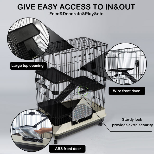 4-Tier 32"Small Animal Metal Cage Height Adjustable with Lockable Casters  Grilles Pull-out Tray for Rabbit Chinchilla Ferret Bunny Guinea Pig Squirrel Hedgehog(BLACK)(=OLD SKU:W69133214)