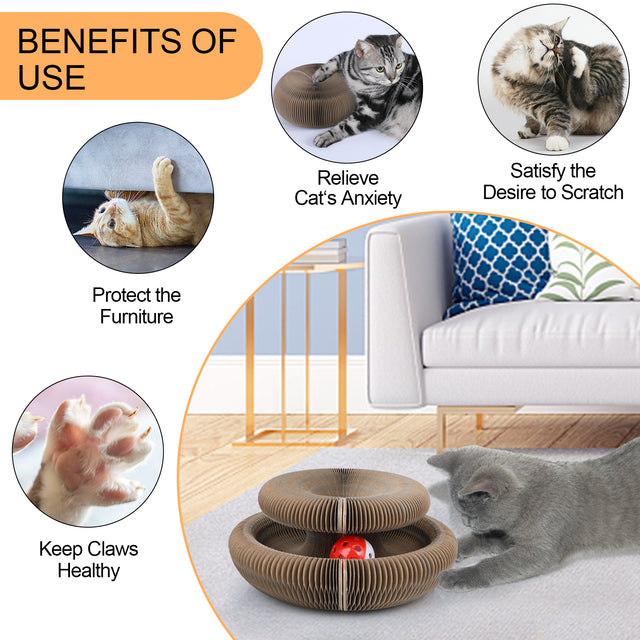 FluffyDream Magic Organ Cat Scratching Board, Interactive Scratch Pad with a Ball, Cat Scratcher for Grinding Claw, Recyclable and Durable, Furniture Protector, Retractable, Brown, Reversible