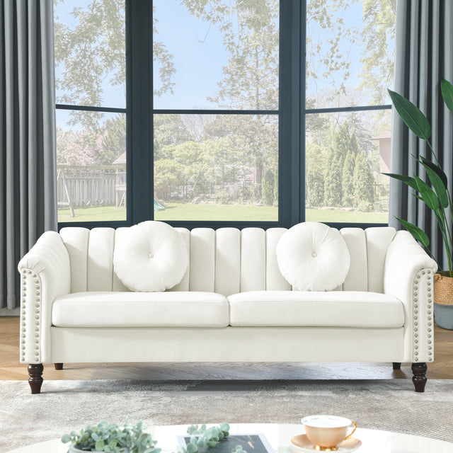 MH Modern Velvet Upholstered Sofa Couch, 3 Seat Tufted Back with Nail Arms with 2 pillows, Solid wood Legs, Sleeper Sofa for Living Room, Compact Living Space, Apartment, Bonus Room