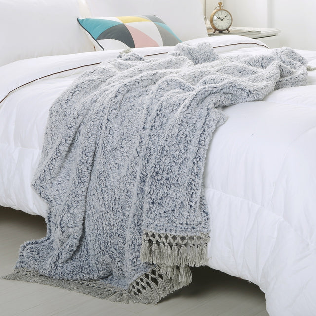 Back Printed Sherpa Throw With Tassels-Blue-50”*60” (2 Pack Set Of 2)