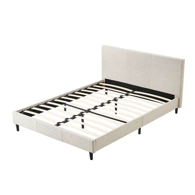 Full Size Platform Bed Frame with Fabric Upholstered Headboard and Wooden Slats Support, Fully Upholstered Mattress Foundation/No Box Spring Needed/Easy Assembly, Beige