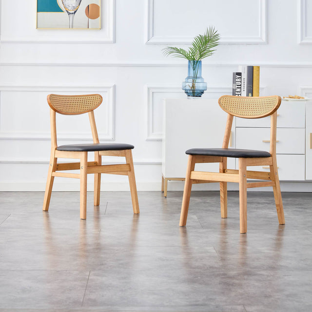 Solid Wood Dining Chair Stylish and Durable Small with Curved Backrest, PU+Foam Cushion, and Plastic Rattan Surface - Perfect for Any Room Décor and Daily Use