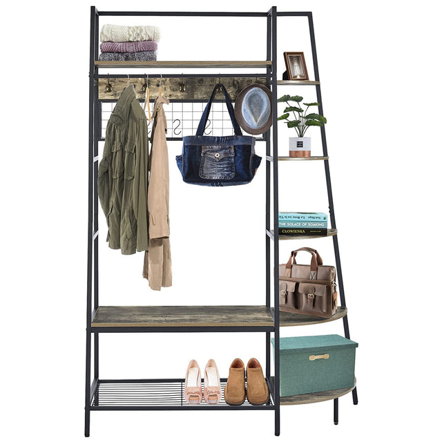 Entryway Coat Rack/ Hall Tree with Bookshelves, Multiple Hooks, and Bench Seat
