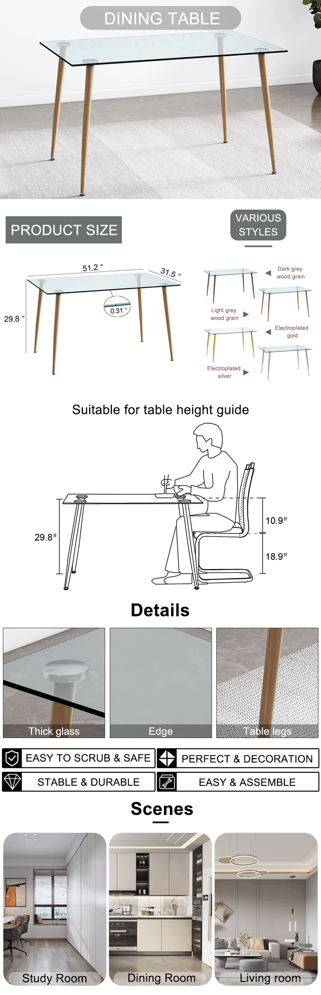 Modern Rectangular Glass Dining Table for 4-6 with 0.31" Tempered Glass Tabletop and Light woodcolor Powder Coating  Metal Legs, Writing Table Desk,for Kitchen Dining Living Room, 51" W x 31"D x 30" H