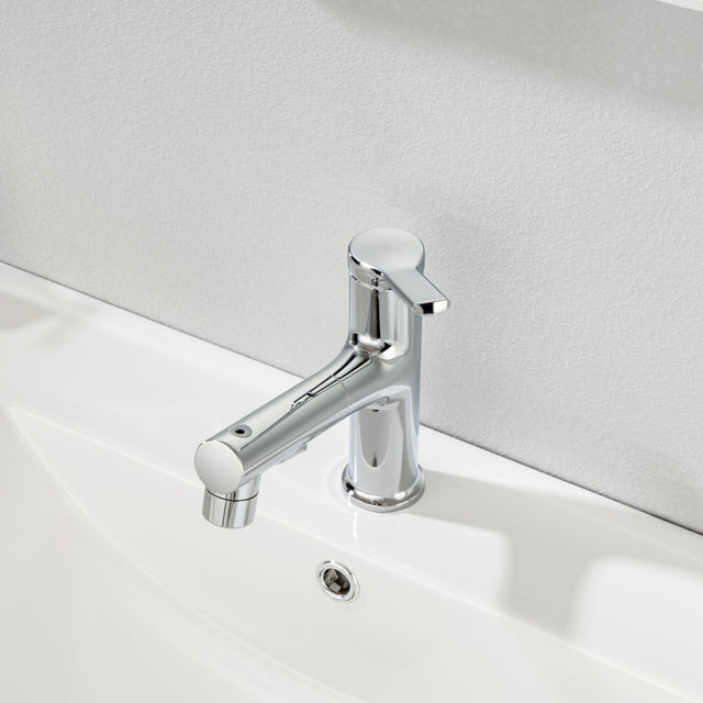 Single Hole Bathroom Faucet with Pull Out Sprayer, Dual Spray Modes, Solid Brass Polished Chrome Bathroom Faucet for Sink, Modern One Handle Bath Vanity Faucet with Face Basin Mixer Tap\\nVisit the YI