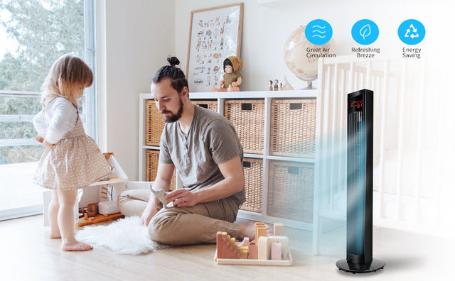 Simple Deluxe 36’’ Electric Oscillating Tower Fan with Remote Controland Large LED Display, Great for Indoor, Bedroom and Home Office, Black