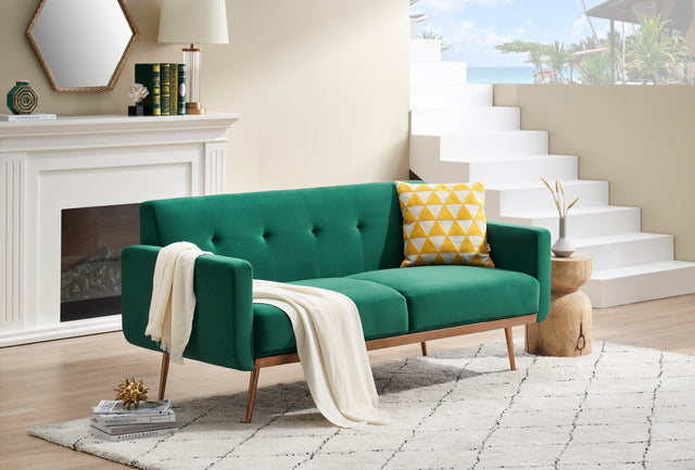 Modern green velvet sand living room sofa with midfoot and two throw pillows