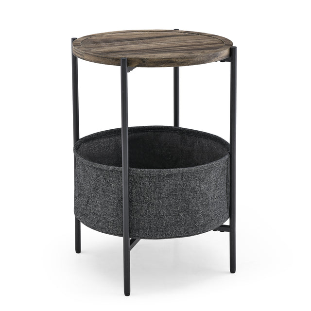 Modern Accent End Table with Storage Basket，Grey Cloth Bag and Brown Top （18“x18”x24“）