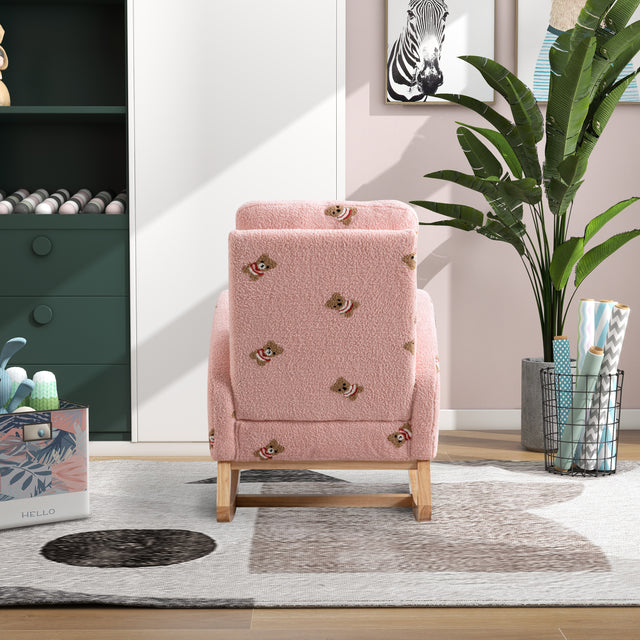 26.8"W Modern Rocking Chair for Nursery, Mid Century Accent Rocker Armchair With Side Pocket, Upholstered High Back Wooden Rocking Chair for Living Room Baby Kids Room Bedroom, Pink Boucle