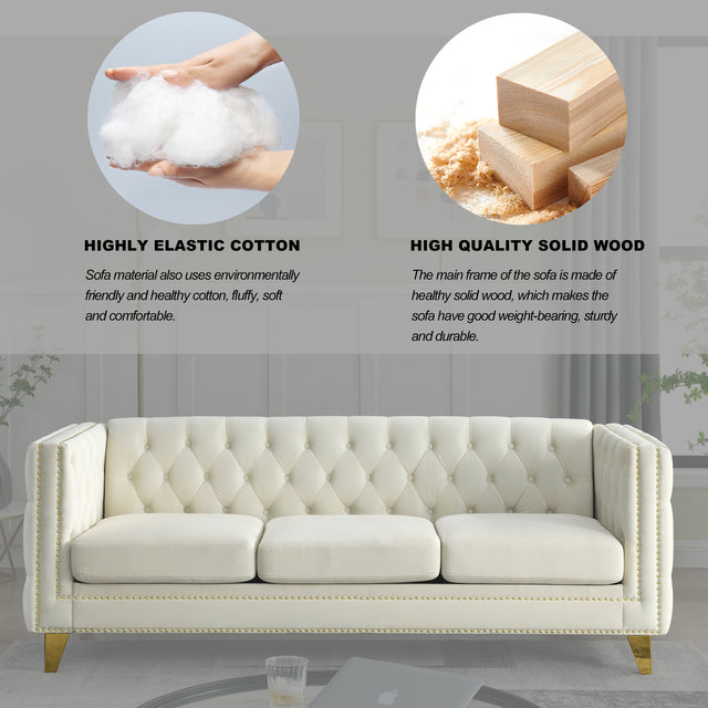 {Contact us for 3D modeling} Velvet Sofa for Living Room,Buttons Tufted Square Arm Couch, Modern Couch Upholstered Button and Metal Legs, Sofa Couch for Bedroom, Beige Velvet