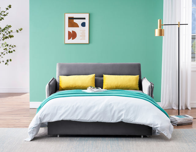 2120 Sofa Pull Out Bed Included Two Pillows 54" Grey Velvet Sofa for Small Spaces