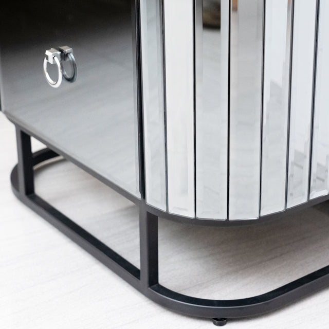 Mirrored Nightstand, Mirrored Bedside Table, Grey End Table for Bedroom, Living Room (Black Iron Frame)