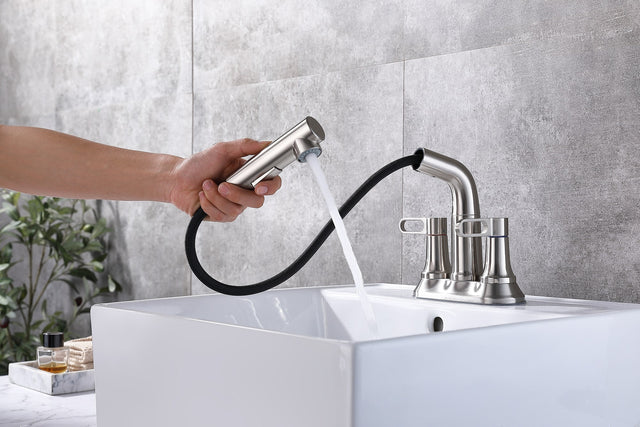 2 Handle Bathroom Sink Faucet 3 Hole with Pull Out Sprayer, Centerset Bathroom Faucets, 4 Inch Centerset Bathroom Faucet with Retractable Hose, Hot and Cold Water Mixing Faucet