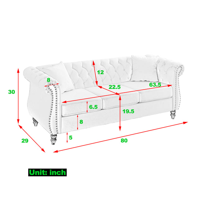 [Video] 80" Chesterfield Sofa Grey Velvet for Living Room, 3 Seater Sofa Tufted Couch with Rolled Arms and Nailhead for Living Room, Bedroom, Office, Apartment, two pillows