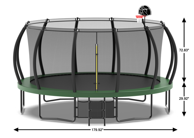 15FT Trampoline green for Kids and Adults Outdoor Trampoline with Enclosure Net, storage, Basketball Hoop