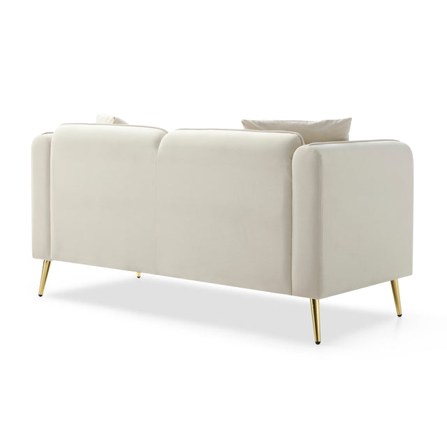 59” Modern Upholstered Velvet Loveseat Sofa 2 Seater Couch with Removable Cushions Side Pocket Mid-Century Tufted Living Room Set Gold Metal Legs,2 Pillows Included,Beige
