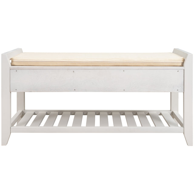 TREXM  Shoe Rack with Cushioned Seat and Drawers, Multipurpose Entryway Storage Bench (White)